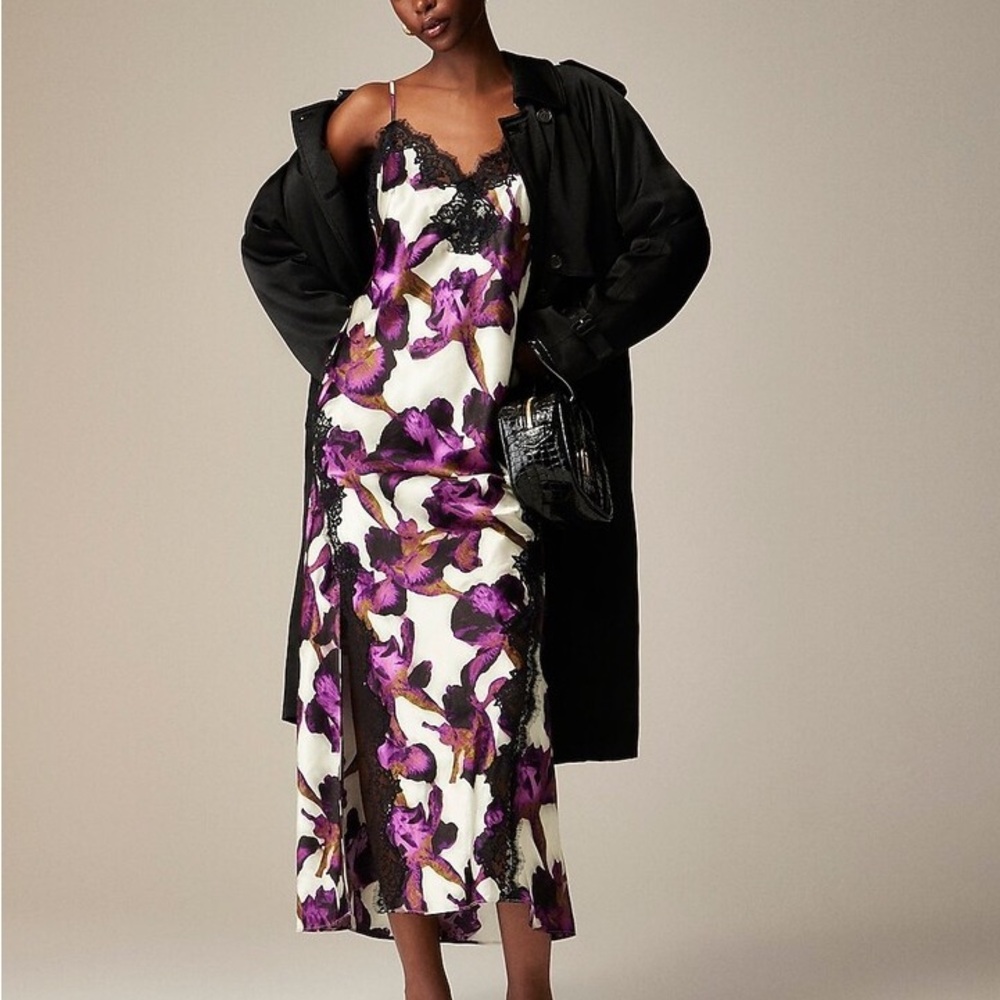 NWT JCREW Lace-trim slip dress in iris floral textured satin